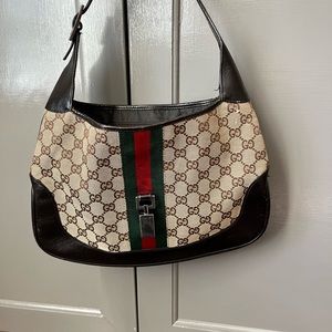 Gucci Jackie O Bag- Beige monogram GG canvas, leather trim, silver hardware.